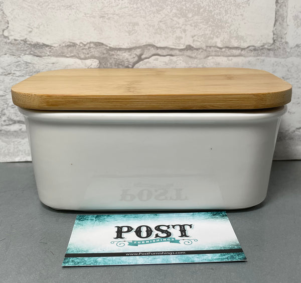 White Canister With Wooden Lid