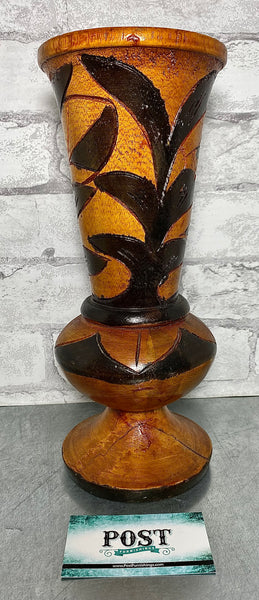Vintage Hand Crafted Wooden Vase With Leaves