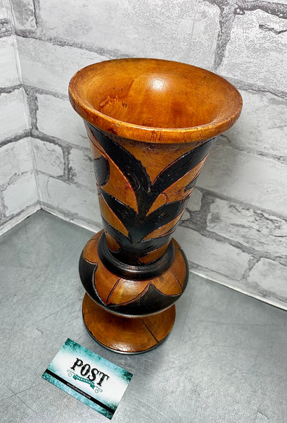 Vintage Hand Crafted Wooden Vase With Leaves